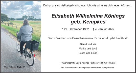 Traueranzeige von Elisabeth Wilhelmina Könings von NNA