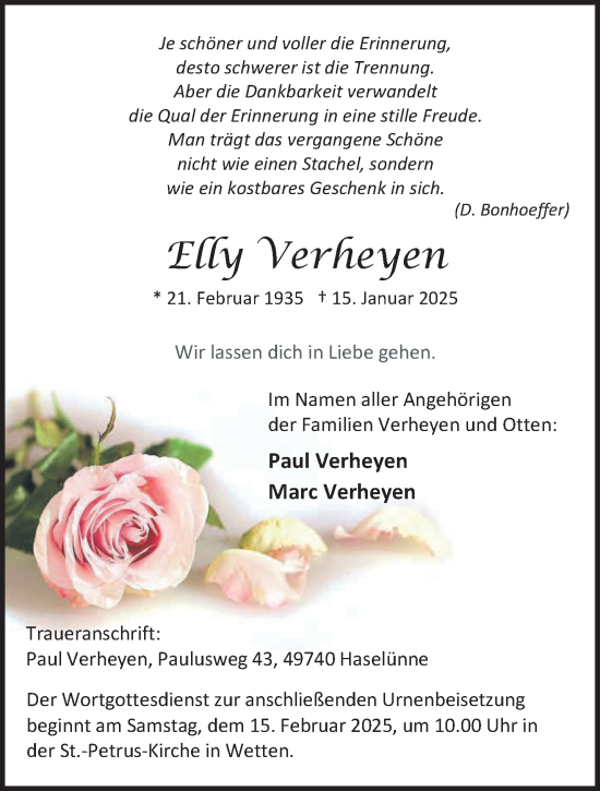 Traueranzeige von Elly Verheyen von NNA