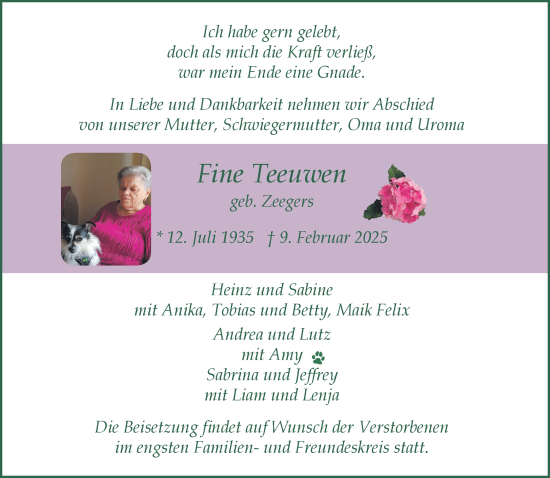 Traueranzeige von Fine Teeuwen von NNA