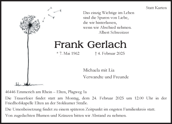 Traueranzeige von Frank Gerlach von NNA