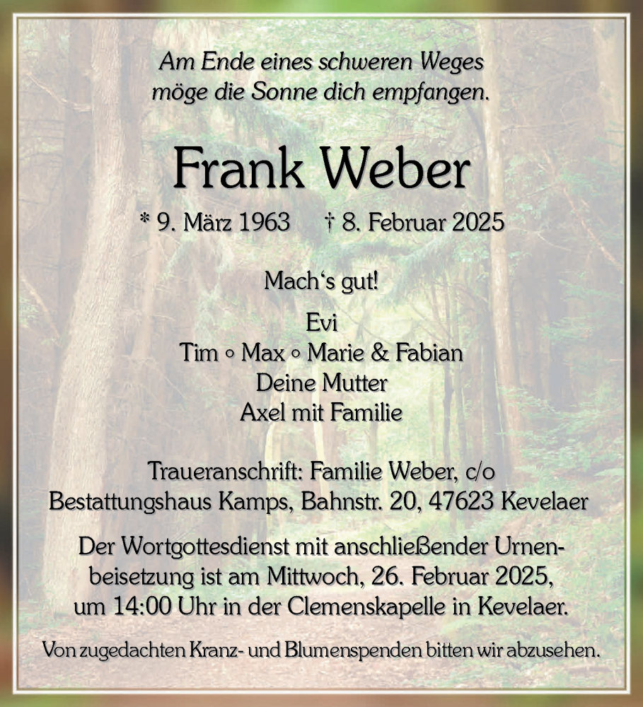  Traueranzeige für Frank Weber vom 22.02.2025 aus NNA
