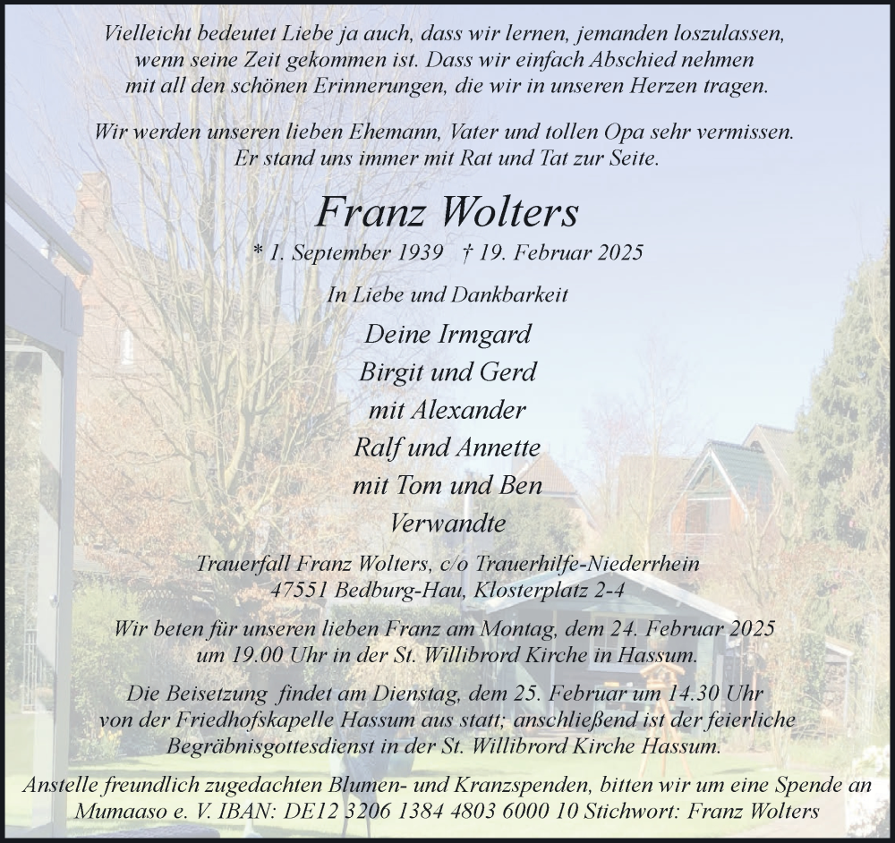  Traueranzeige für Franz Wolters vom 22.02.2025 aus NNA