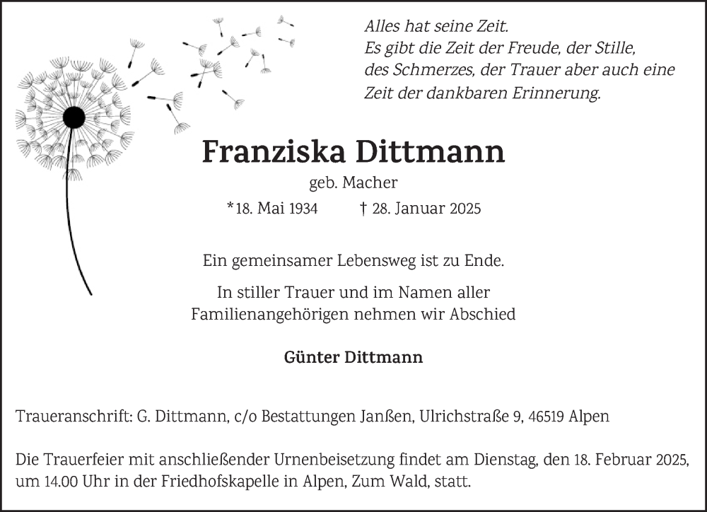  Traueranzeige für Franziska Dittmann vom 12.02.2025 aus NNA