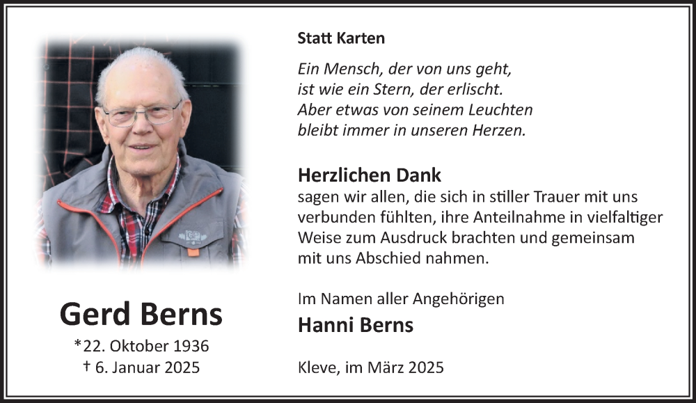  Traueranzeige für Gerd Berns vom 01.03.2025 aus NNA