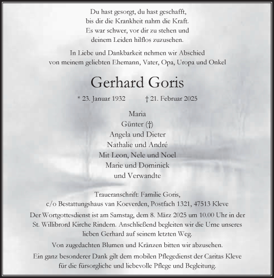 Traueranzeige von Gerhard Goris von NNA