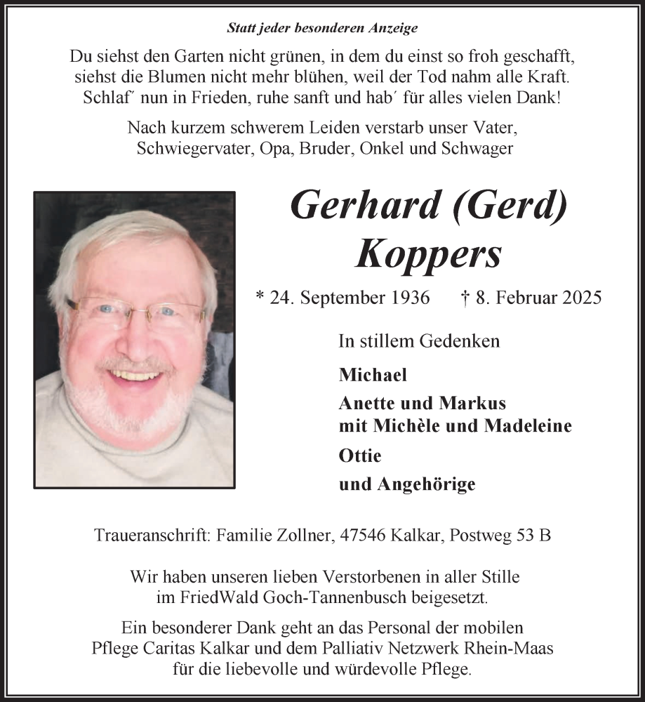  Traueranzeige für Gerhard Koppers vom 22.02.2025 aus NNA