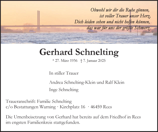 Traueranzeige von Gerhard Schnelting von NNA