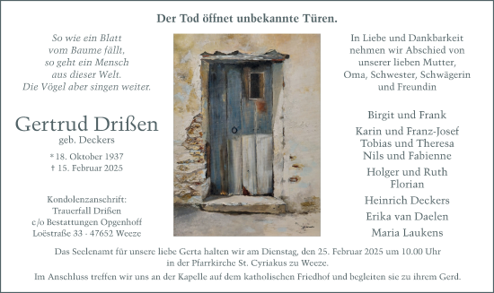 Traueranzeige von Gertrud Drißen von NNA