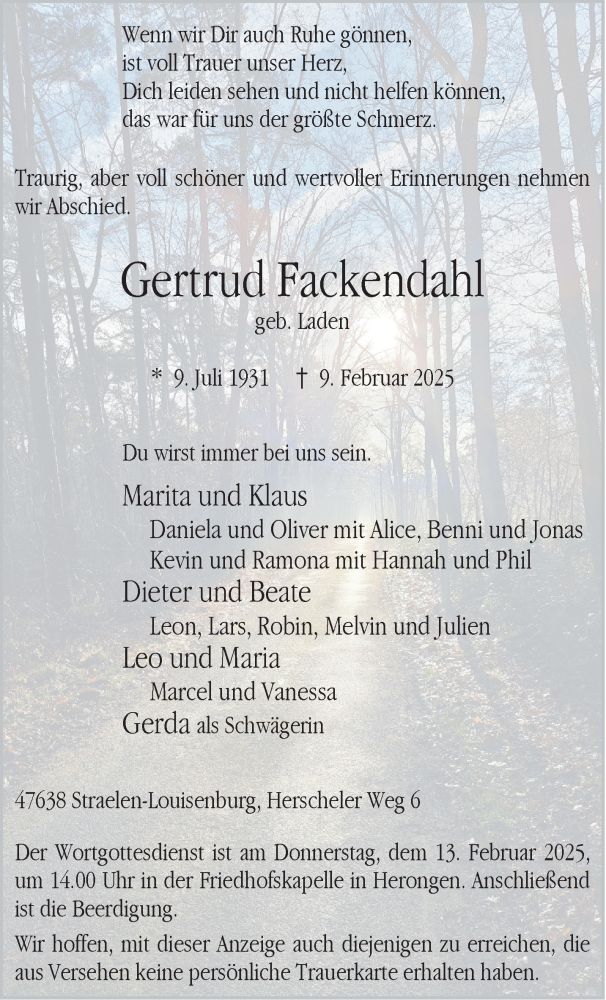  Traueranzeige für Gertrud Fackendahl vom 12.02.2025 aus NNA