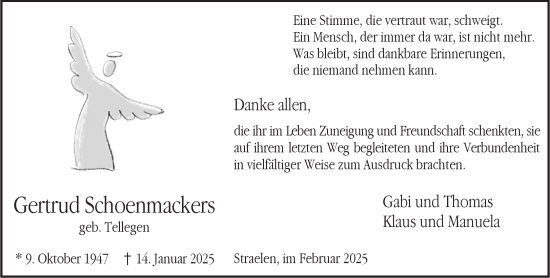Traueranzeige von Gertrud Schoenmackers von NNA