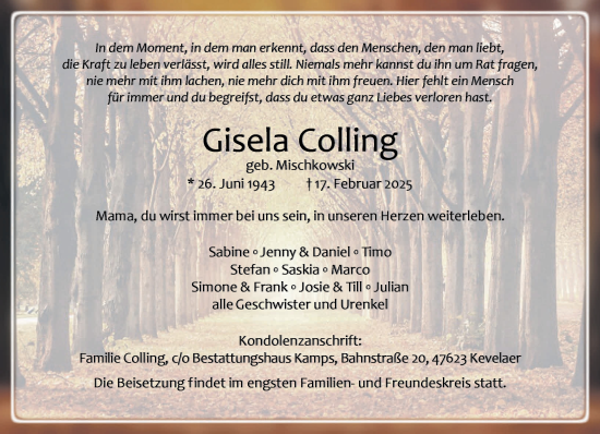 Traueranzeige von Gisela Colling von NNA