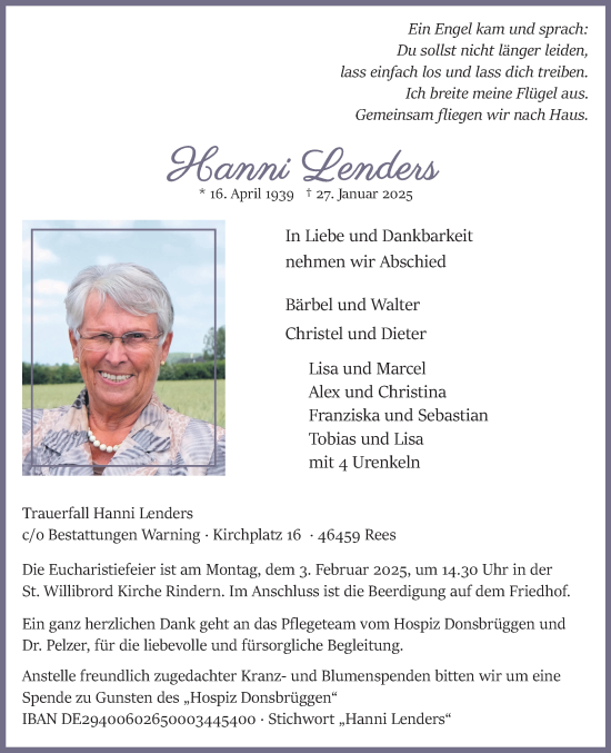 Traueranzeige von Hanni Lenders von NNA