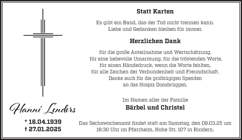  Traueranzeige für Hanni Lenders vom 01.03.2025 aus NNA