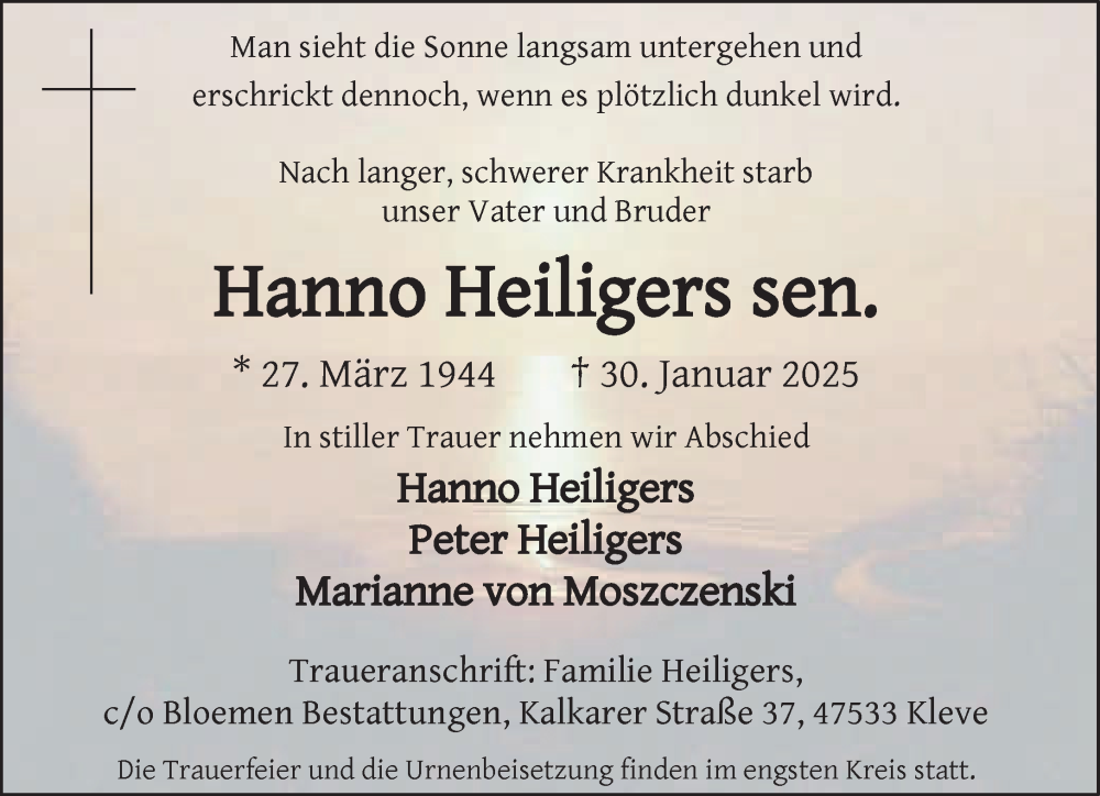  Traueranzeige für Hanno Heiligers vom 15.02.2025 aus NNA