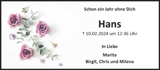 Traueranzeige von Hans Ehren von NNA