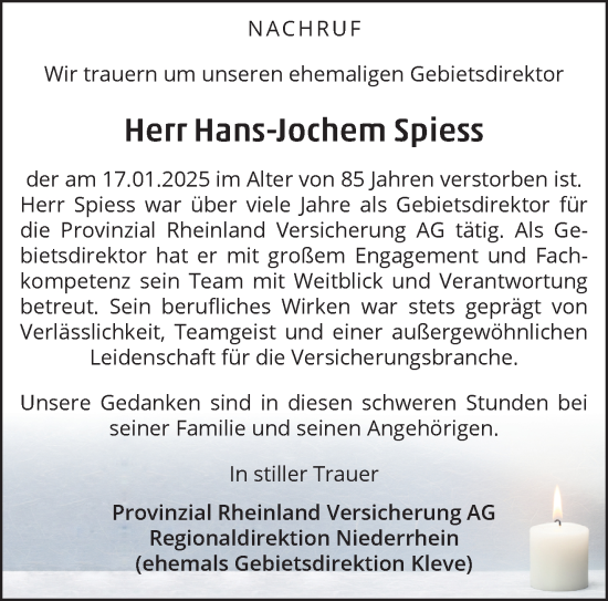 Traueranzeige von Hans-Jochem Spiess von NNA