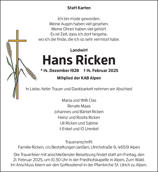Traueranzeige von Hans Ricken von NNA