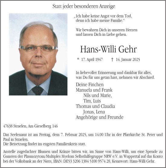 Traueranzeige von Hans-Willi Gehr von NNA