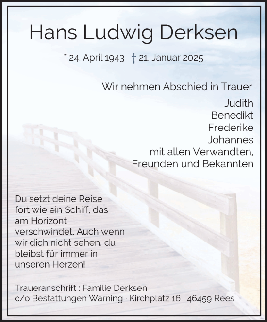 Traueranzeige von Hans Ludwig Derksen von NNA