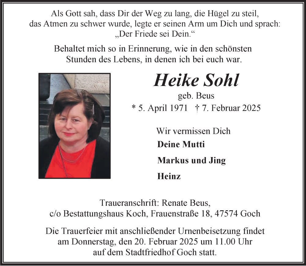  Traueranzeige für Heike Sohl vom 15.02.2025 aus NNA