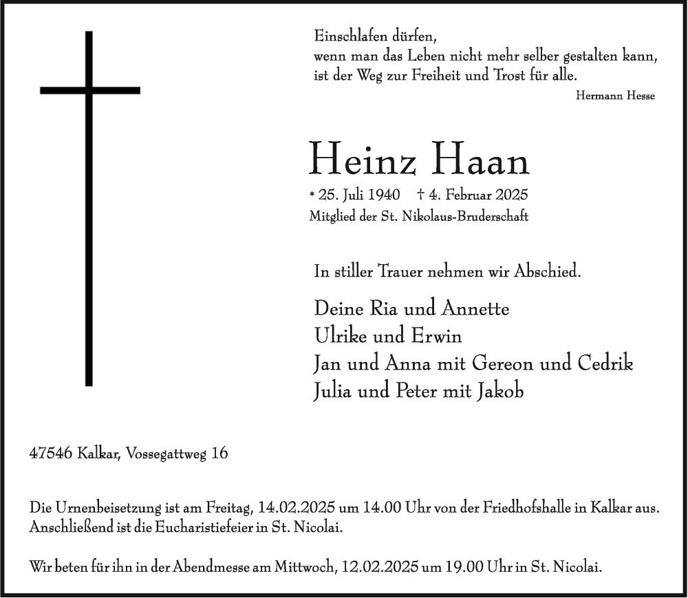  Traueranzeige für Heinz Haan vom 08.02.2025 aus NNA