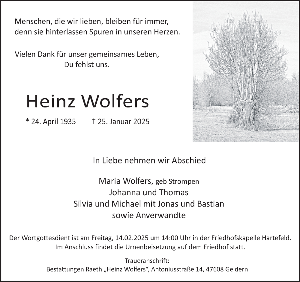  Traueranzeige für Heinz Wolfers vom 08.02.2025 aus NNA