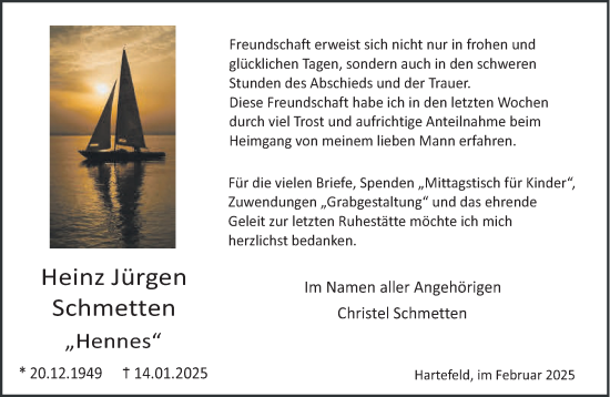 Traueranzeige von Heinz Jürgen Schmetten von NNA