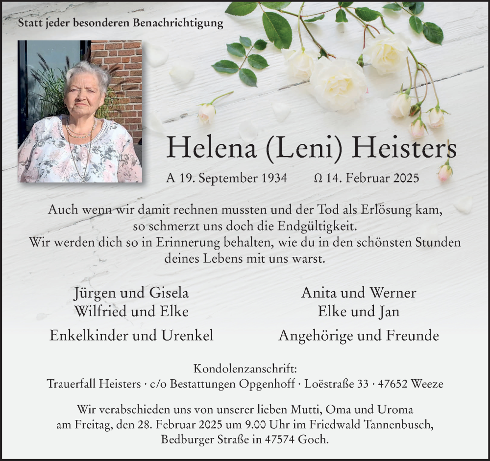  Traueranzeige für Helena Heisters vom 22.02.2025 aus NNA