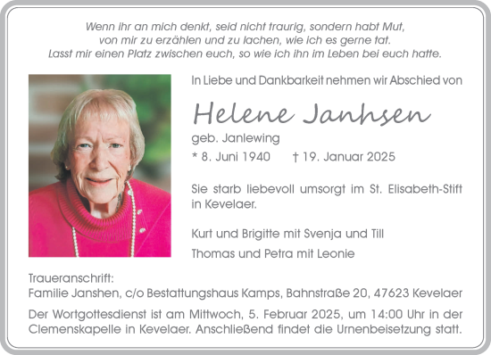 Traueranzeige von Helene Janhsen von NNA
