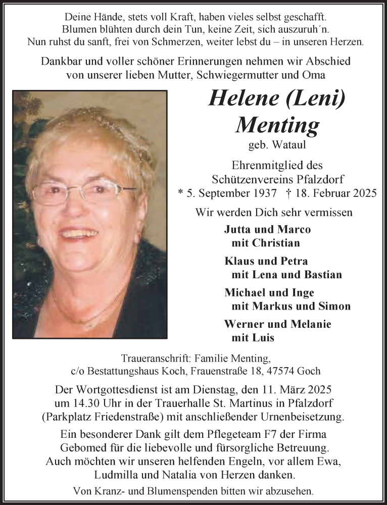  Traueranzeige für Helene Menting vom 01.03.2025 aus NNA