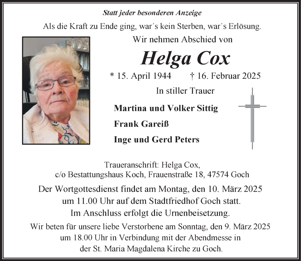  Traueranzeige für Helga Cox vom 01.03.2025 aus NNA