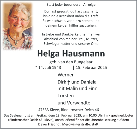 Traueranzeige von Helga Hausmann von NNA