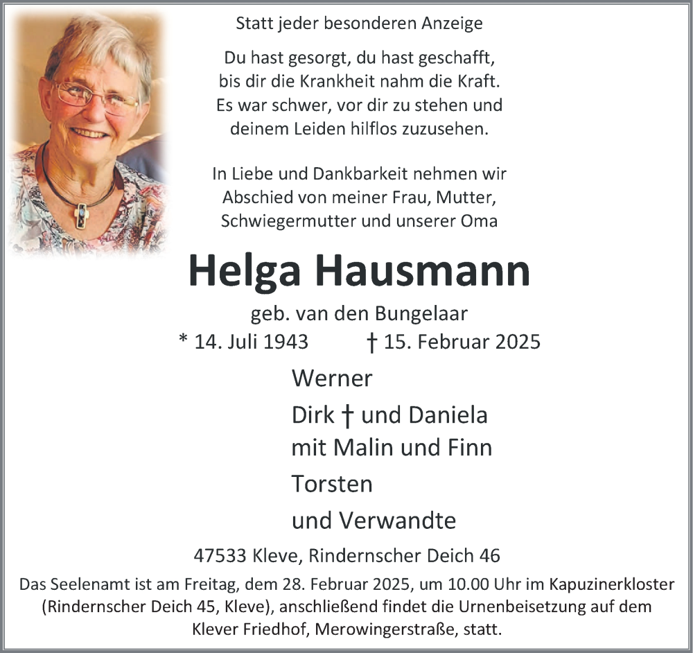  Traueranzeige für Helga Hausmann vom 22.02.2025 aus NNA