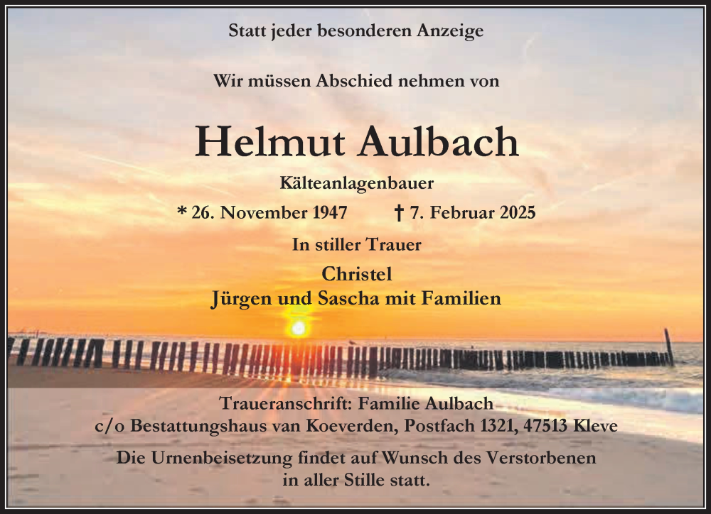  Traueranzeige für Helmut Aulbach vom 22.02.2025 aus NNA