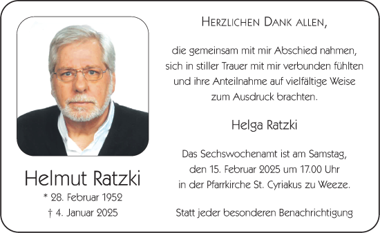 Traueranzeige von Helmut Ratzki von NNA