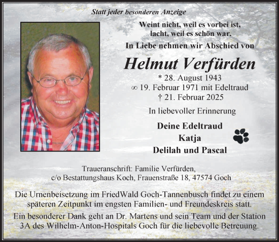 Traueranzeige von Helmut Verfürden von NNA