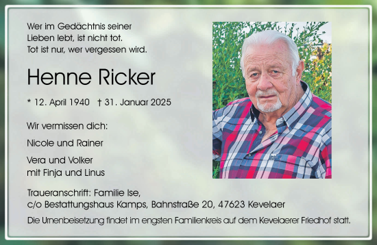 Traueranzeige von Henne Ricker von NNA