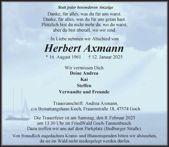 Traueranzeige von Herbert Axmann von NNA