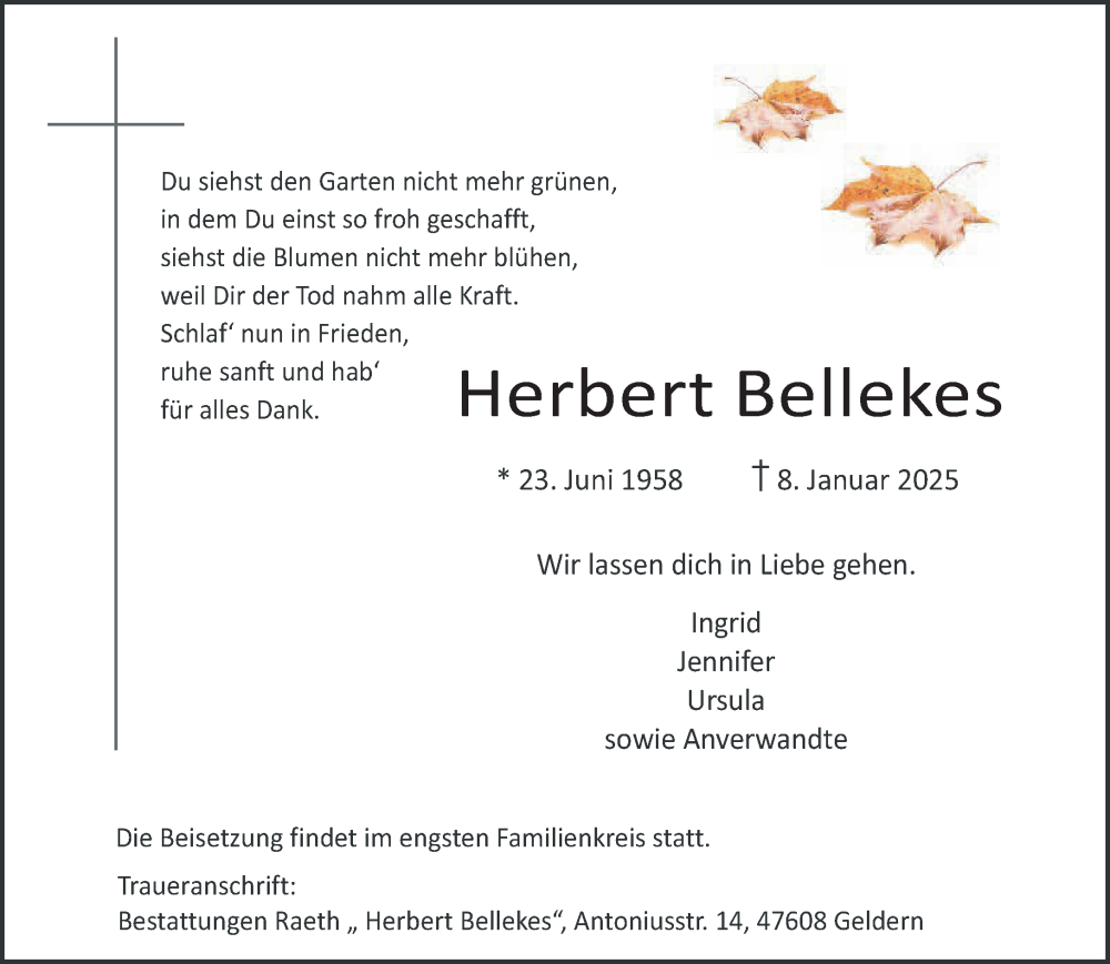  Traueranzeige für Herbert Bellekes vom 08.02.2025 aus NNA