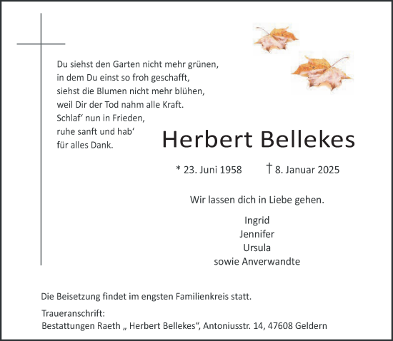 Traueranzeige von Herbert Bellekes von NNA