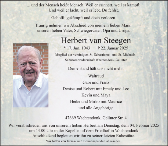 Traueranzeige von Herbert van Steegen von NNA