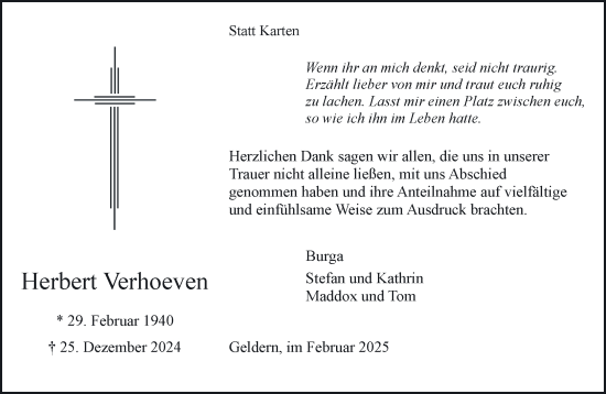 Traueranzeige von Herbert Verhoeven von NNA