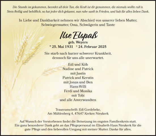 Traueranzeige von Ilse Elspaß von NNA