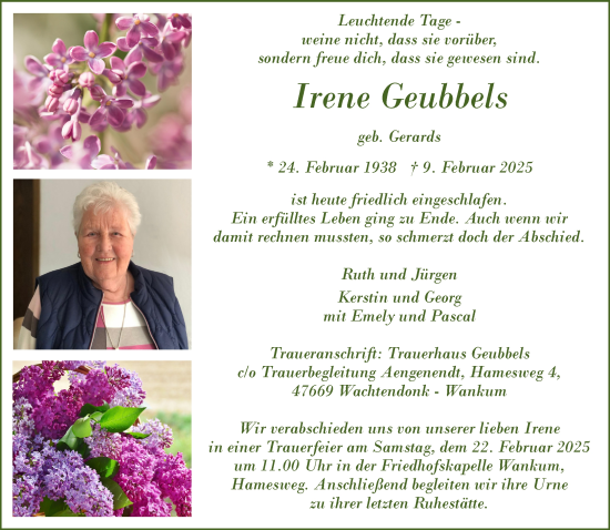 Traueranzeige von Irene Geubbels von NNA