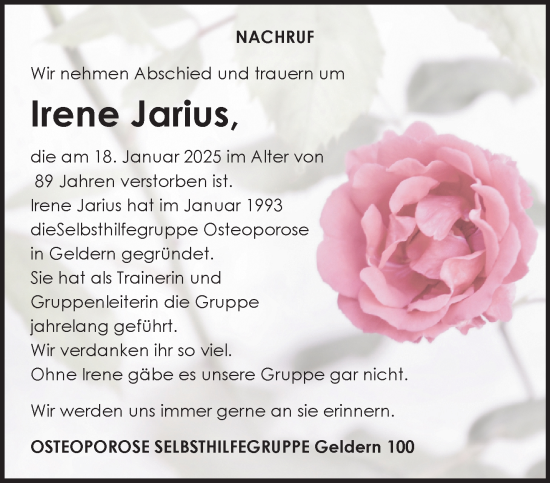 Traueranzeige von Irene Jarius von NNA