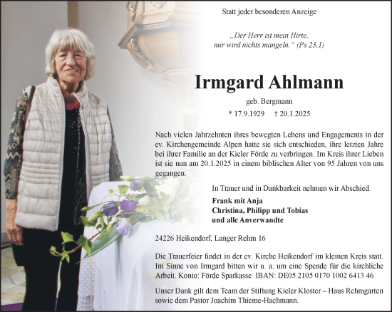Traueranzeige von Irmgard Ahlmann von NNA