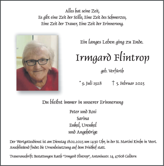 Traueranzeige von Irmgard Flintrop von NNA