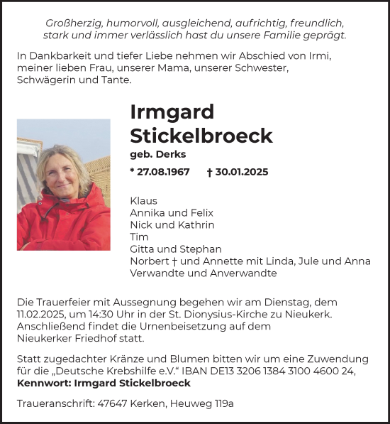 Traueranzeige von Irmgard Stickelbroeck von NNA