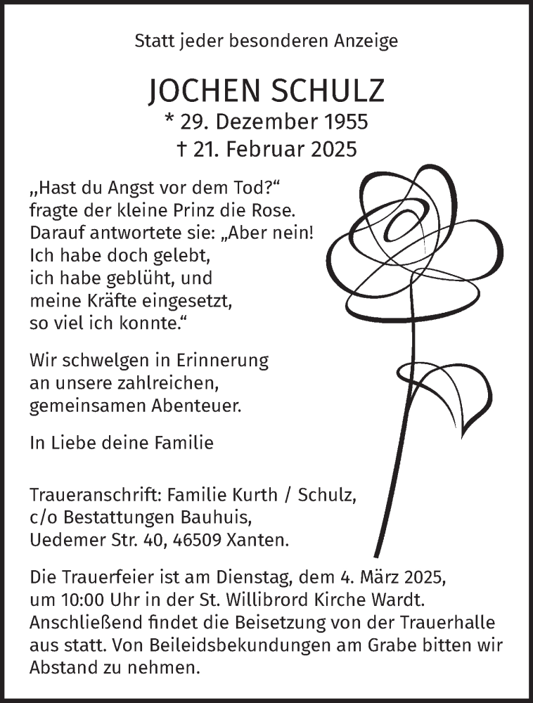  Traueranzeige für Jochen Schulz vom 01.03.2025 aus NNA