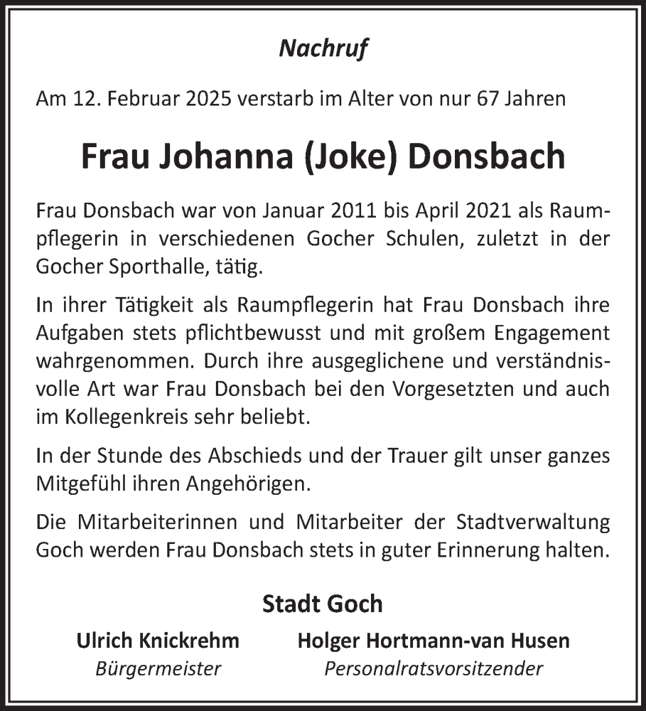  Traueranzeige für Johanna Donsbach vom 01.03.2025 aus NNA